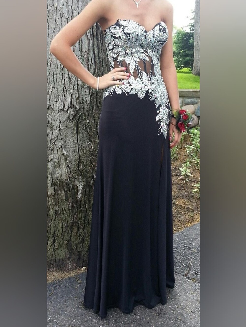 Camille La Vie Black Evening Gown with Silver Appliqué